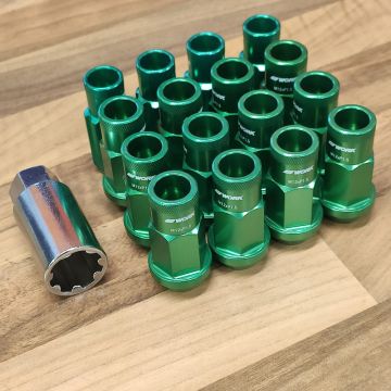 16x WORK M12x1.5 Open Wheel Nuts in Green with Locking Nuts